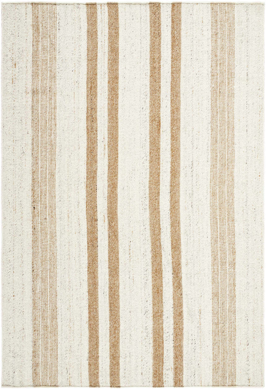 Close-up of the hand woven Nibaw Area Rug; ash and light silver wool with a tan vertical stripe pattern. Design-Rectangle-576
