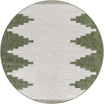 Close-up of round Djugun Green Performance Rug featuring a geometric, Southwestern-inspired pattern in beige and green. Design-Round-67