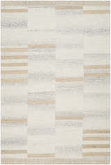 Close-up of Max Handmade Becki Owens x LIVABLISS BOMX-2300 Area Rug. Cream, tan, and taupe wool rug with a geometric block pattern. Design-Rectangle-576