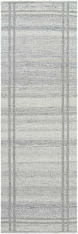 Close-up of the hand woven Nimue Gray Area Rug. Gray and ivory wool rug with a subtle striped pattern. Design-Runner-268