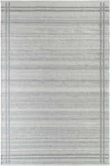 Close-up of the hand-woven Nimue Gray Area Rug. Wool rug with gray stripes and border, farmhouse style. Design-Rectangle-69