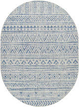 Close-up of the Novato All Over Pattern Performance Rug, round shape, with a blue geometric design on a light background. Design-Oval-5373