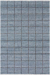Close-up of the hand woven Ayinde Area Rug. Slate blue recycled PET yarn with a contemporary grid pattern. Design-Rectangle-576