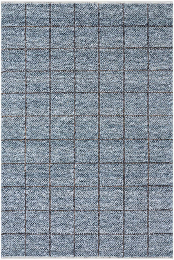 Close-up of the hand woven Ayinde Area Rug. Slate blue recycled PET yarn with a contemporary grid pattern. Design-Rectangle-576