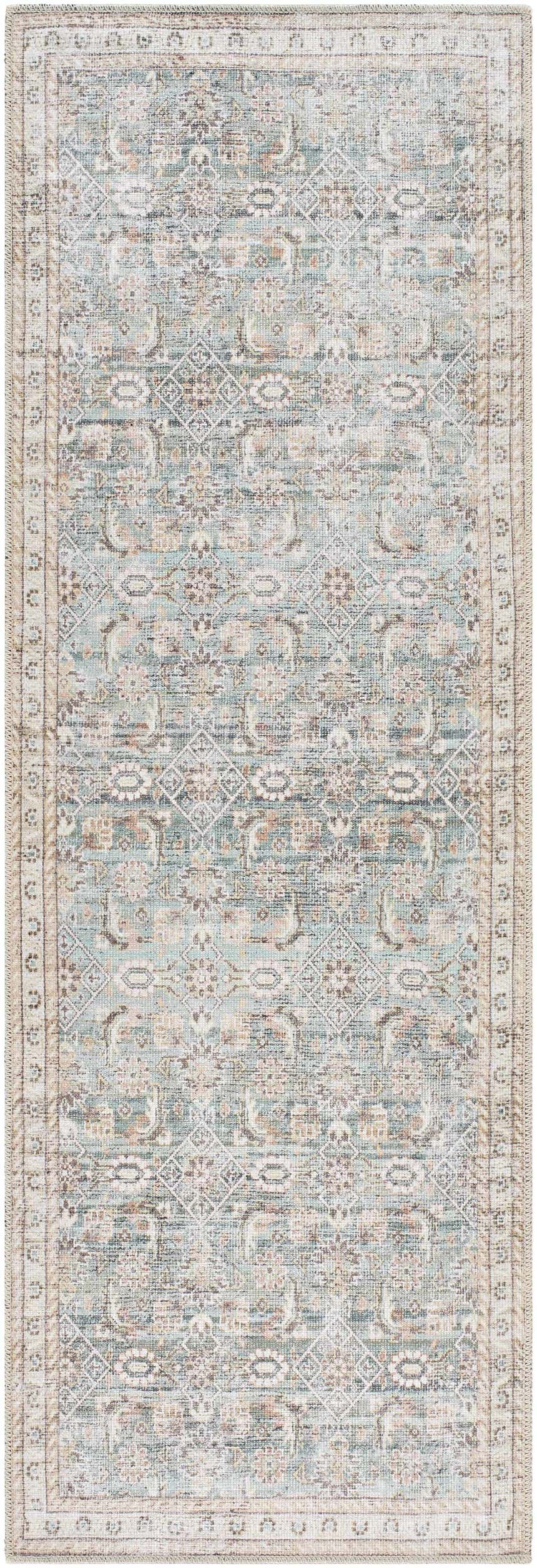 Close-up of the Ayanna Washable Area Rug. Features a traditional design in cream, teal, tan, and dark red hues. Machine woven polyester. Design-Runner-27710