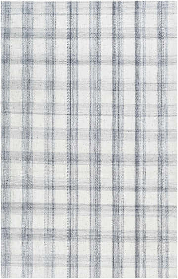 Close-up of Becki Owens Sammy Gray Plaid Area Rug. Hand-woven rug with a black, charcoal, and light slate plaid pattern. Design-Rectangle-576