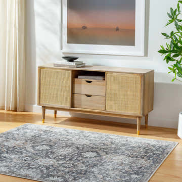 Living room scene with beige Arnaud Washable Area Rug, light wood console table, neutral walls and decor. Roomscene-Rectangle