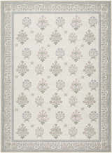 Close-up of Aquene Ivory Washable Area Rug with blush, blue, sage floral bouquets and a detailed border. Design-Rectangle-5373
