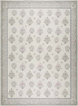 Close-up of Aquene Ivory Washable Area Rug with a floral pattern in blush, sage, sky blue, and taupe on an ivory background. Design-Rectangle-810