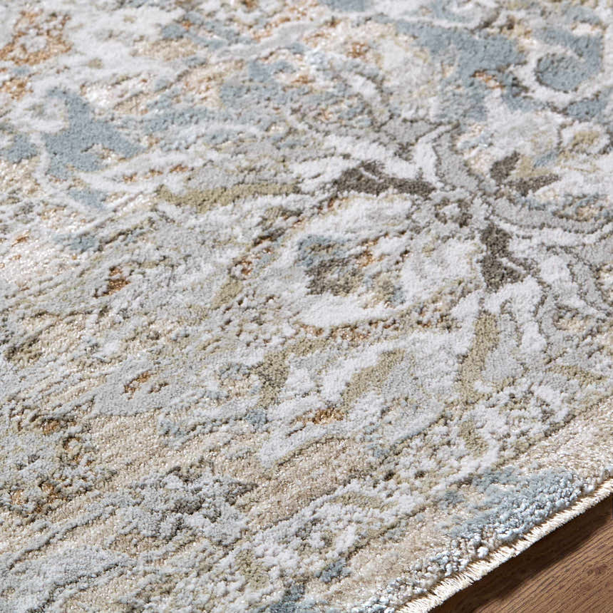 Close-up of the Nasir Thick Luxe Boutique Rug, showcasing its cream, light brown, and light gray traditional pattern. Texture
