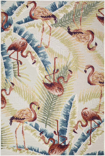 Close-up of the Nayan Light Slate Area Rug featuring a flamingo and tropical leaf pattern in blue, cream, olive, and rust hues. Design-Rectangle-537