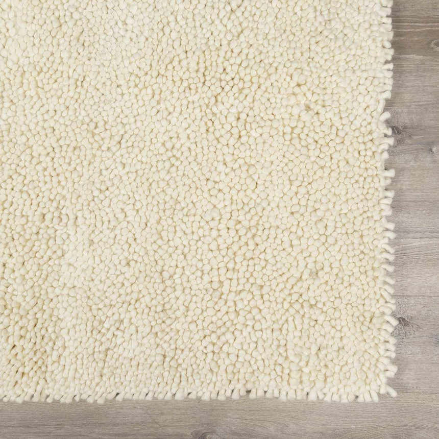 Close-up of a cream Oakridge Area Rug showing its hand woven, textured wool design. Swatch