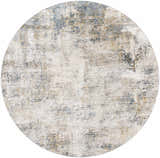 Close-up of the round Odell Abstract Luxe Fringe Rug. Colors include dark blue, light blue, gray, and mustard. Design-Round-67