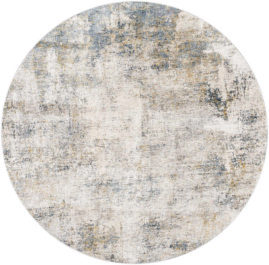 Close-up of the round Odell Abstract Luxe Fringe Rug. Colors include dark blue, light blue, gray, and mustard. Design-Round-67