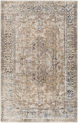 Close-up of the Onley Area Rug. Bohemian style rug with denim, gold, light beige, and navy hues. Vintage, traditional pattern. Design-Rectangle-582