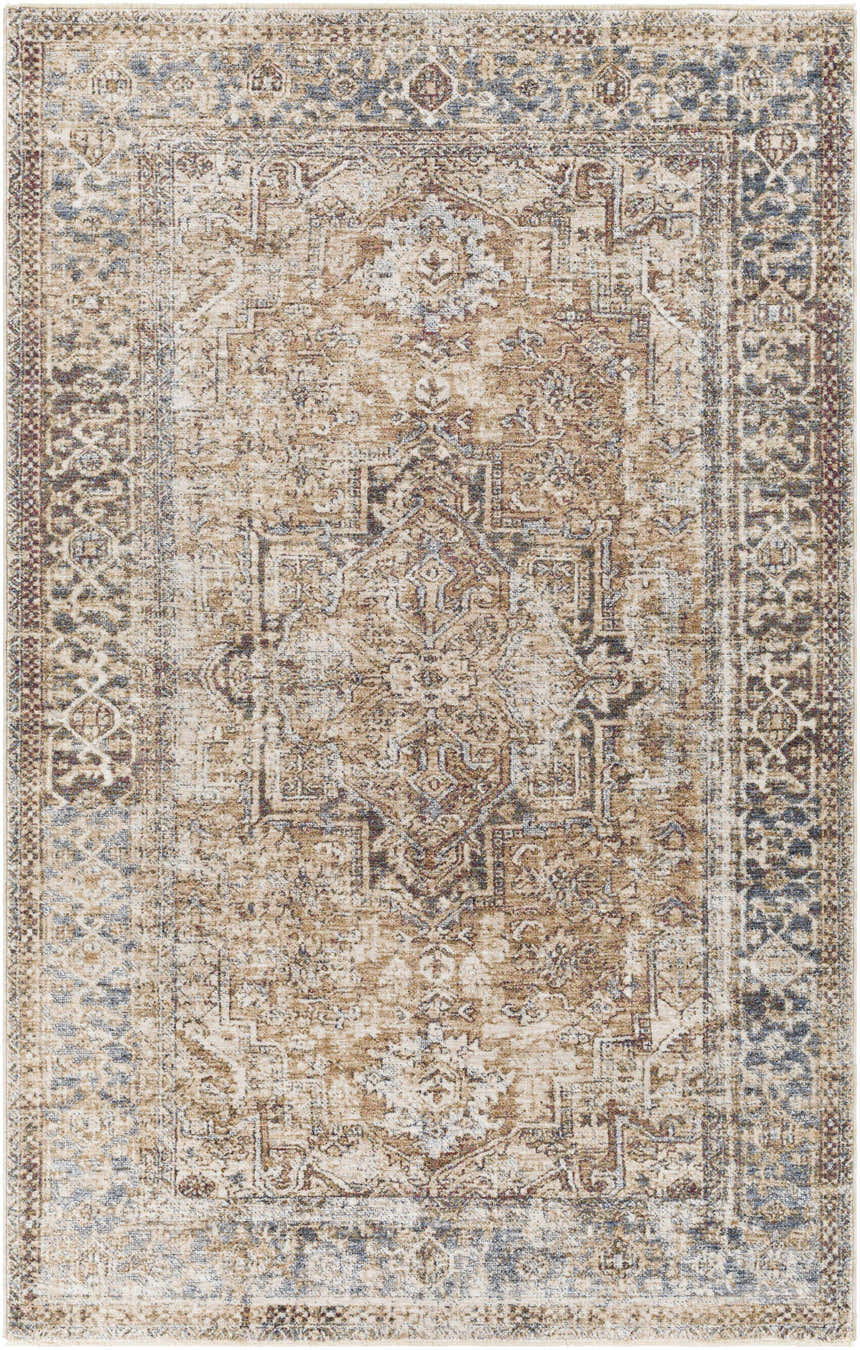 Close-up of the Onley Area Rug. Bohemian style rug with denim, gold, light beige, and navy hues. Vintage, traditional pattern. Design-Rectangle-582