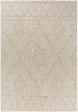 Close-up of the Marwood Brown Nordic Rug, featuring a geometric diamond pattern in light brown on an off-white textured background. Design-Rectangle-5377