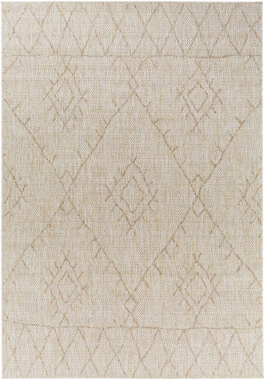 Close-up of the Marwood Brown Nordic Rug, featuring a geometric diamond pattern in light brown on an off-white textured background. Design-Rectangle-5377