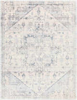 Close-up of the Orrick Area Rug, a machine-woven rug in cream, blue, and brown with a traditional, distressed oriental pattern. Design-Rectangle