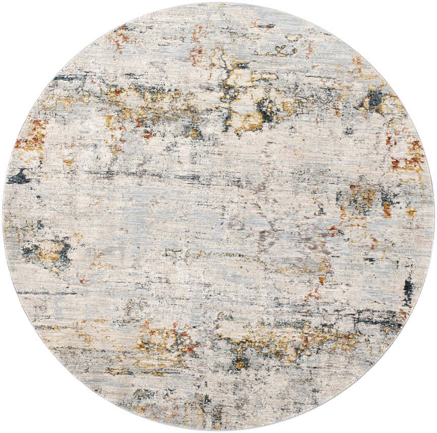 Round Ottawa Luxe Rug close-up. Contemporary design in brick red, cream, blue, gray, tan, taupe, and teal. Design-Round-67