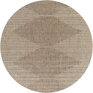 Close-up of a round Stephan Dark Beige Outdoor Rug with a woven texture and subtle horizontal stripe pattern. Design-Round-67