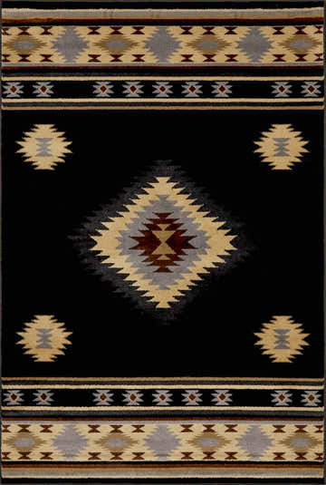 Close-up of the Buckhaven Black Southwestern Area Rug featuring geometric patterns in black, beige, gray, and brown. Design-Rectangle