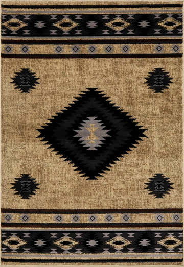 Close-up of Buckhaven Brown Aztec Carpet. Beige rug with black, gray, and brown Southwestern-style geometric patterns. Design-Rectangle