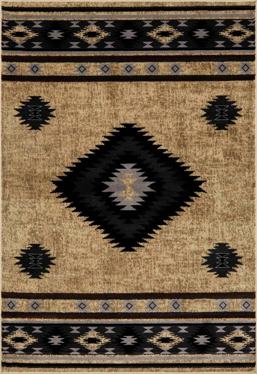 Close-up of Buckhaven Brown Aztec Carpet. Beige rug with black, gray, and brown Southwestern-style geometric patterns. Design-Rectangle