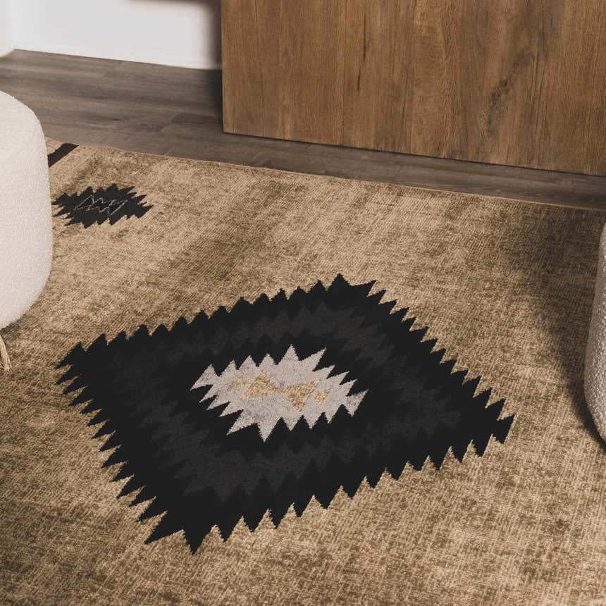 Close-up of the Buckhaven Brown Aztec Carpet, showcasing its black, brown, and beige geometric design and soft texture. Roomscene-Rectangle