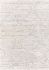 Close-up of the Akilah Area Rug. Cream, ivory, light gray, and white tones with a subtle geometric pattern. Design-Rectangle-537