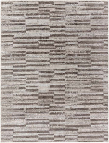 Close-up of the Alaric Area Rug, showcasing its contemporary ivory, gray, and light brown horizontal block pattern. Design-Rectangle-537