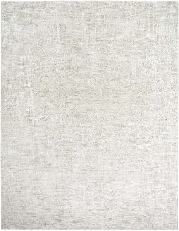 Close-up of the Axelia Charcoal Area Rug. Features a subtle grid pattern in cream, ivory, and tan hues. Design-Rectangle-710102