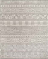 Close-up of Pewsey Tribal Area Rug. Hand-hooked, cream and gray polypropylene rug with geometric tribal-inspired pattern. Design-Rectangle-810