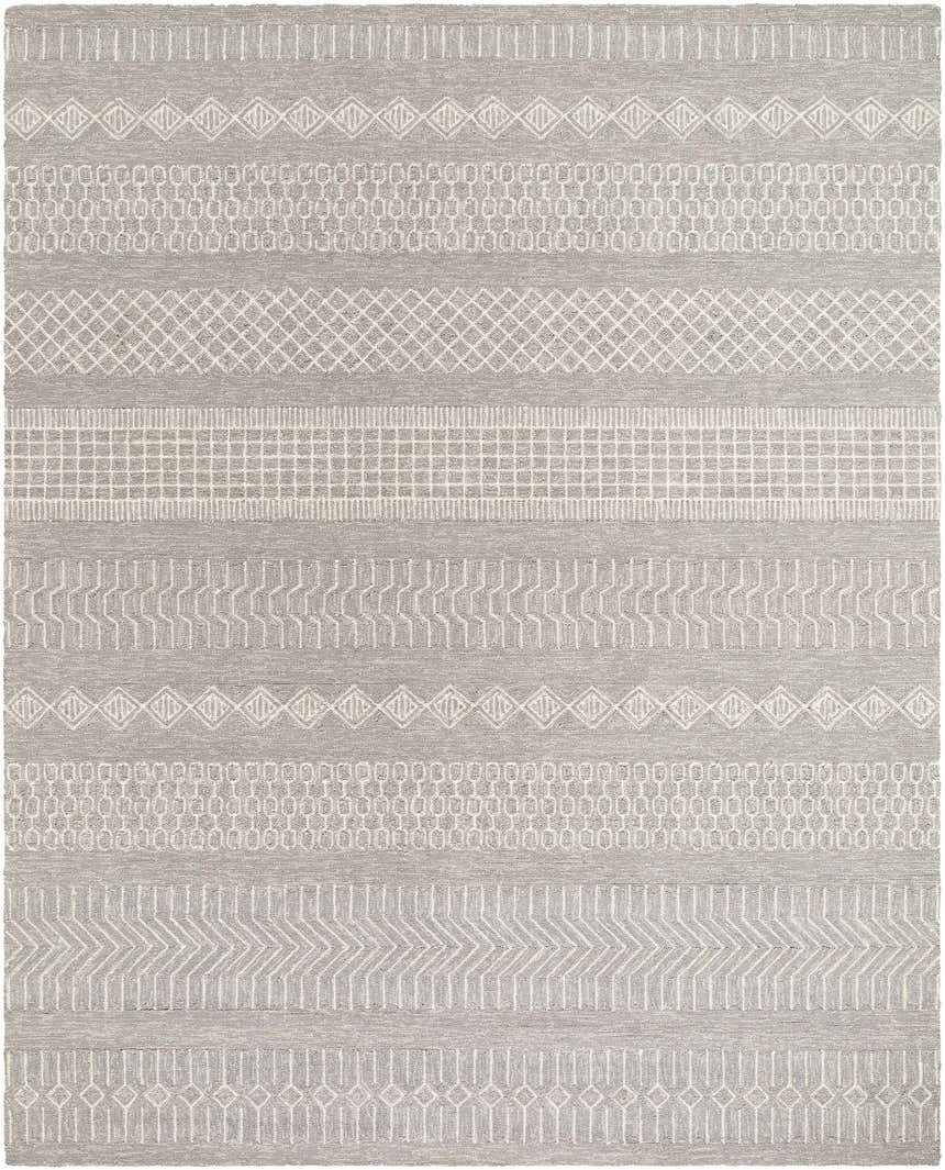 Close-up of Pewsey Tribal Area Rug. Hand-hooked, cream and gray polypropylene rug with geometric tribal-inspired pattern. Design-Rectangle-810