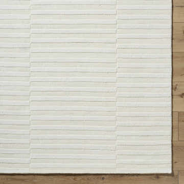 Close up of Aelius Handmade Wool Rug in ash and light silver with a contemporary stripe design. Swatch