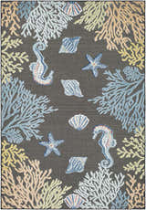 Close-up of the Pasca Charcoal Area Rug featuring a coastal design with seahorses, starfish, and coral in blue, cream, and tan. Design-Rectangle-537