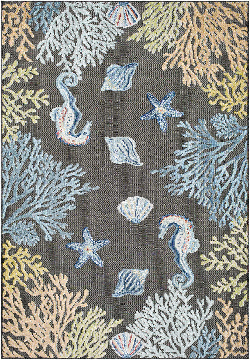 Close-up of the Pasca Charcoal Area Rug featuring a coastal design with seahorses, starfish, and coral in blue, cream, and tan. Design-Rectangle-537