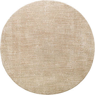Close-up of the round Pabla Tan Speckled Area Rug. Beige, tan, and medium brown textured rug. Design-Round-67