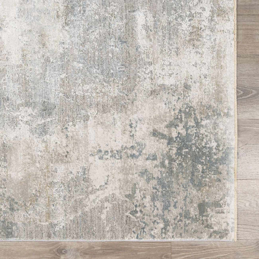 Close-up of the Pialba Thick Luxe Abstract Smokey Rug, showcasing its dusty sage, light blue, and gray abstract design. Swatch