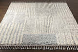 Close-up of the hand-knotted Plean Premium Rug, a 100% wool rug in cream and denim with a geometric pattern and tassels. Front