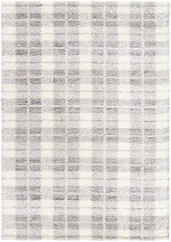 Close-up of the Anfisa Tan Luxe Shag Area Rug. Cream, light gray, and tan shag rug with a subtle plaid pattern. Design-Rectangle-537