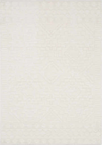 Close-up of the light beige Plumtree 3D White Outdoor Rug, featuring a subtle geometric pattern and textured design. Design-Rectangle