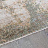 Close-up of Galey Alix x Livabliss Myrtle Avenue III rug, showing abstract marble pattern in cream, olive, camel, and brown tones. Pile