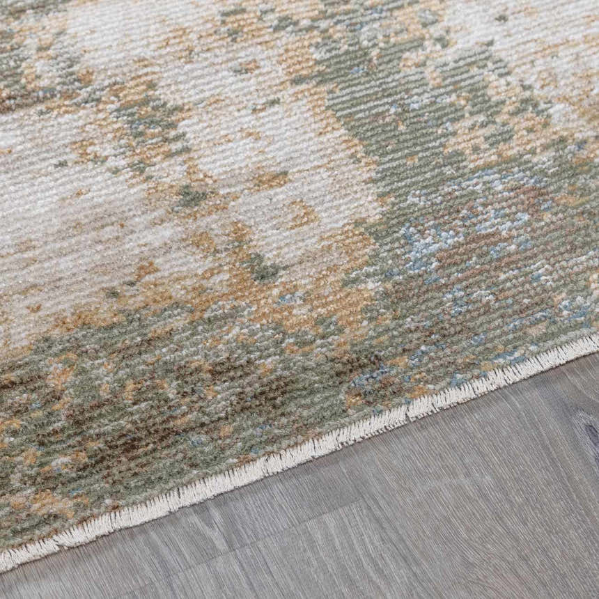Close-up of Galey Alix x Livabliss Myrtle Avenue III rug, showing abstract marble pattern in cream, olive, camel, and brown tones. Pile
