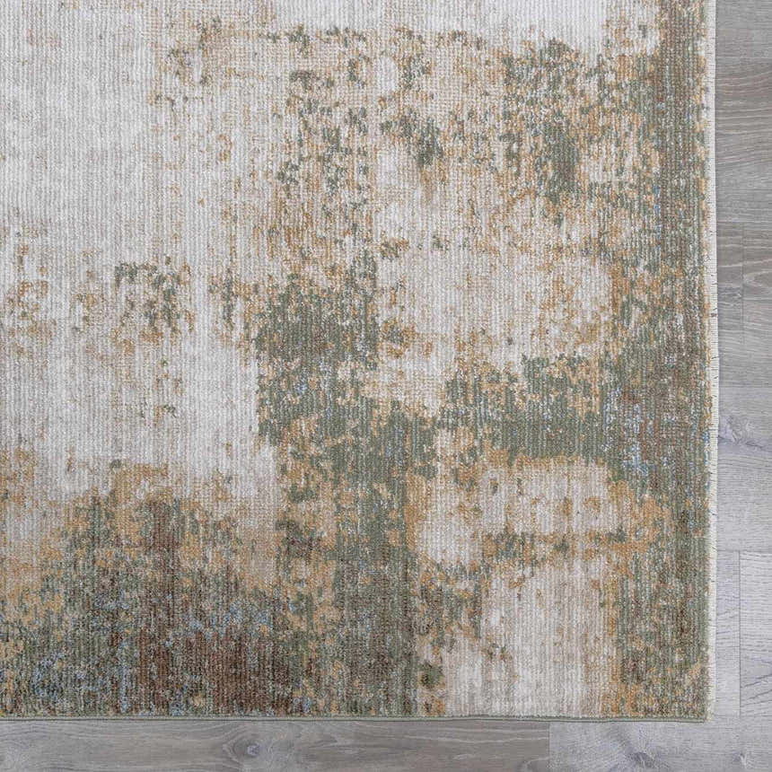 Close up of Galey Alix x Livabliss Myrtle Avenue III Area Rug. Abstract marble pattern in cream, olive, camel, and brown tones. Swatch