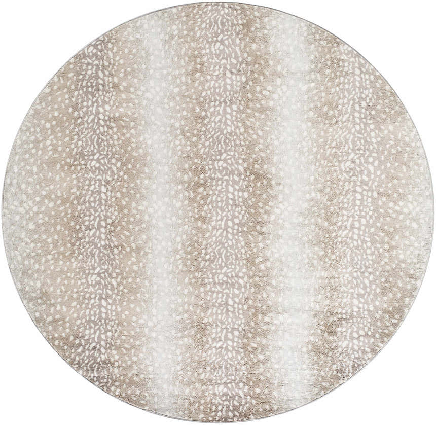 Close-up of a round Pointblank Tan Leopard Print Rug. The rug has a tan and ivory animal print pattern. Design-Round-67