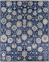 Close-up of the Pinetop Premium Rug, a hand-knotted rug in navy, aqua, and light slate with a traditional floral pattern. Design-Rectangle-810
