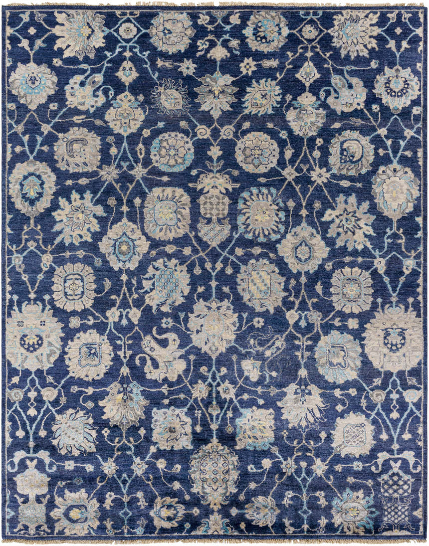 Close-up of the Pinetop Premium Rug, a hand-knotted rug in navy, aqua, and light slate with a traditional floral pattern. Design-Rectangle-810