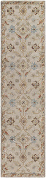 Detailed view of the Postelle Wool Rug featuring a traditional floral pattern in brown, blue, and tan hues. Design-Runner-2710
