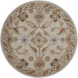 Close-up of round Postelle Wool Rug. Hand-tufted with brown, sage, red, and gray floral Oriental design. Design-Round-4